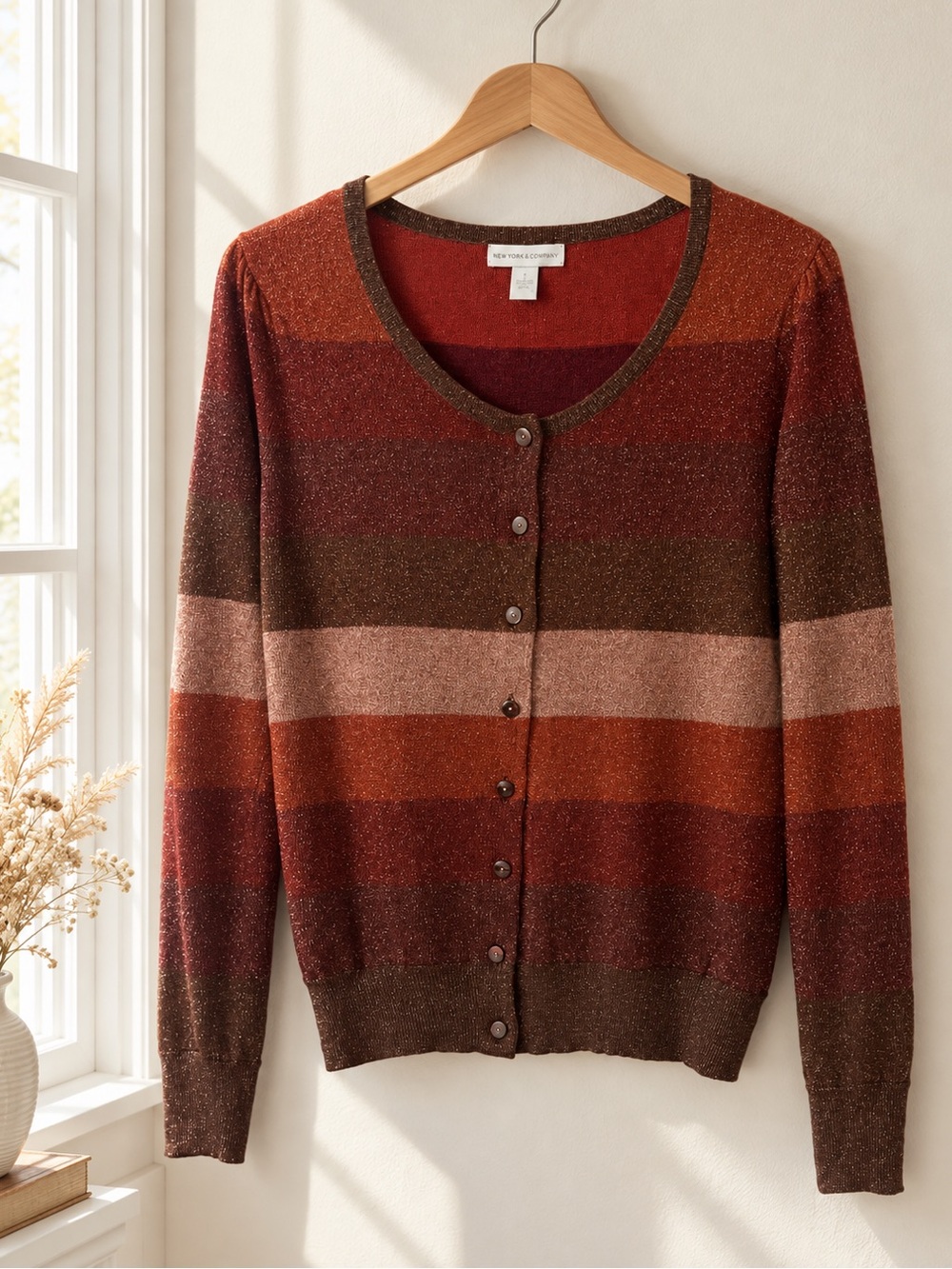 NWT New York Co. Striped Cardigan Autumn Fall Brown Medium Sparkly Career Office